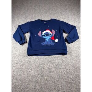 Disney Stitch Christmas Holiday Santa Hat Sweatshirt Blue Crew Neck Long Youth L